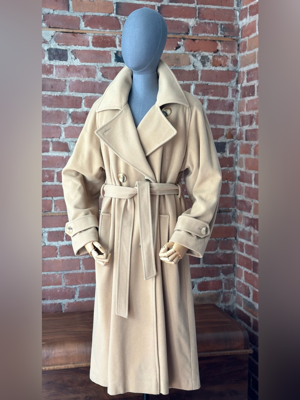 Vintage 90s Camel Wool Cashmere Maxi Coat Oversized Belted